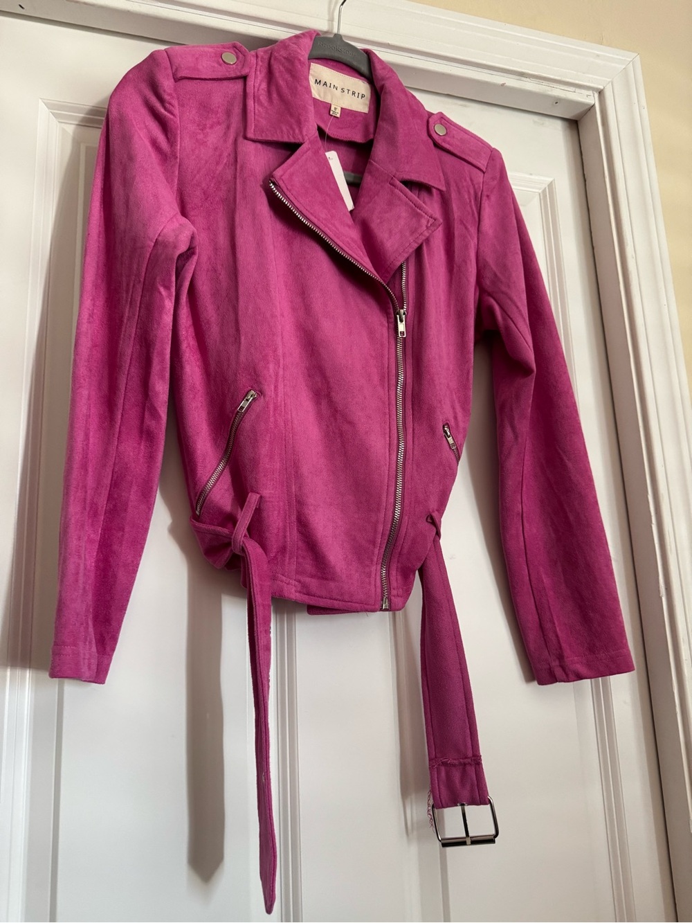 New Main Strip Small Solid Fuchsia Hot Pink Faux Suede Moto Jacket With Belt